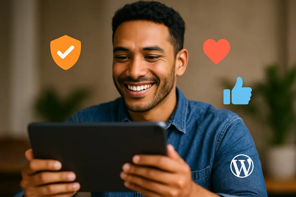 Person smiling at tablet with shield, heart, like, and WordPress icons illustrating online safety and satisfaction.